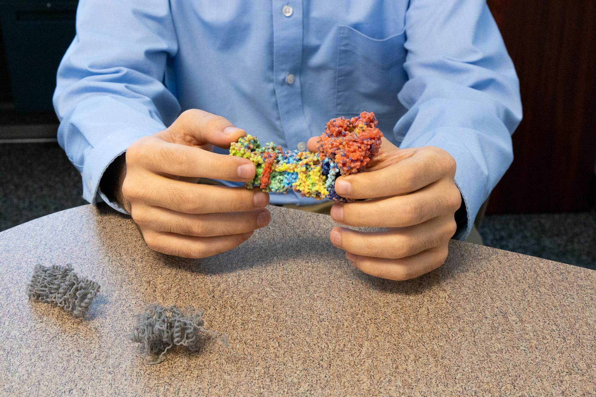 Close-up of Guberman-Pfeffer’s hands holding a colorful 3D molecular model on a table, with two gray tactile molecular models beside it used for accessible chemistry instruction.