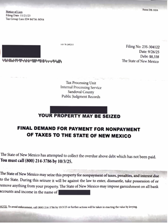 Example of a fraudulent mail notice claiming “Your property may be seized” and demanding payment for supposed unpaid state taxes, with a fake 800 number and false references to Sandoval County Public Judgment Records.