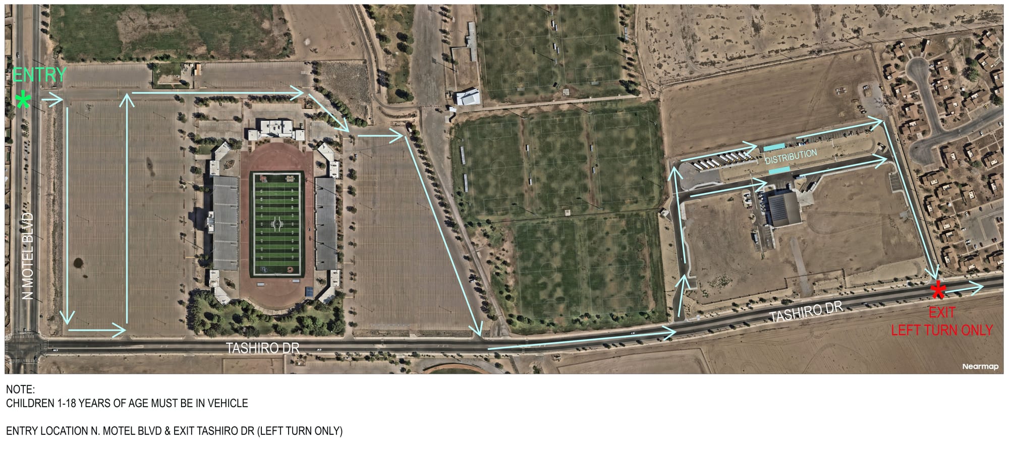 Aerial map showing the LCPS holiday meal distribution traffic route, with vehicle entry from N. Motel Boulevard, circulation through parking areas and a left-turn-only exit onto Tashiro Drive.