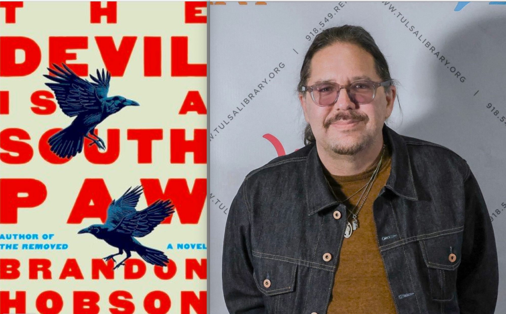 Split image shows the book cover for The Devil Is a Southpaw with two black ravens over bold red lettering, alongside a portrait of a man with glasses wearing a dark jacket and necklace at a library event backdrop.