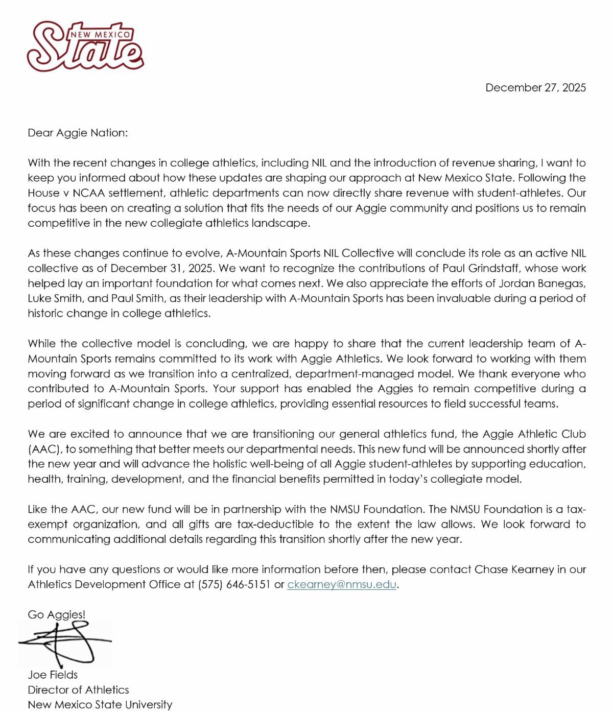 Letter from NMSU Athletics Director Joe Fields explaining changes to NIL collectives, revenue sharing, and donor funding following shifts in college athletics.