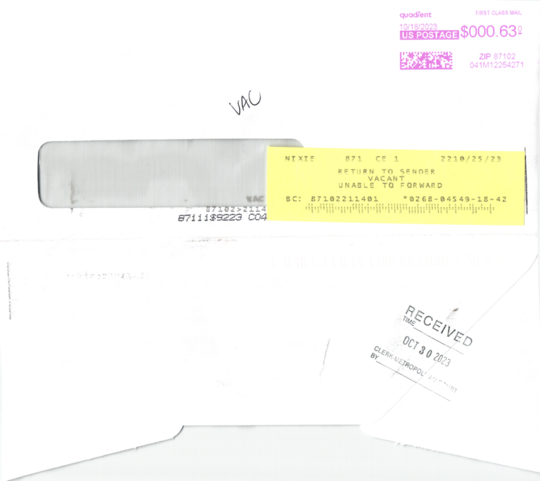 Scanned envelope marked “Return to Sender — Vacant, Unable to Forward,” with a yellow postal notice and a received date stamp.