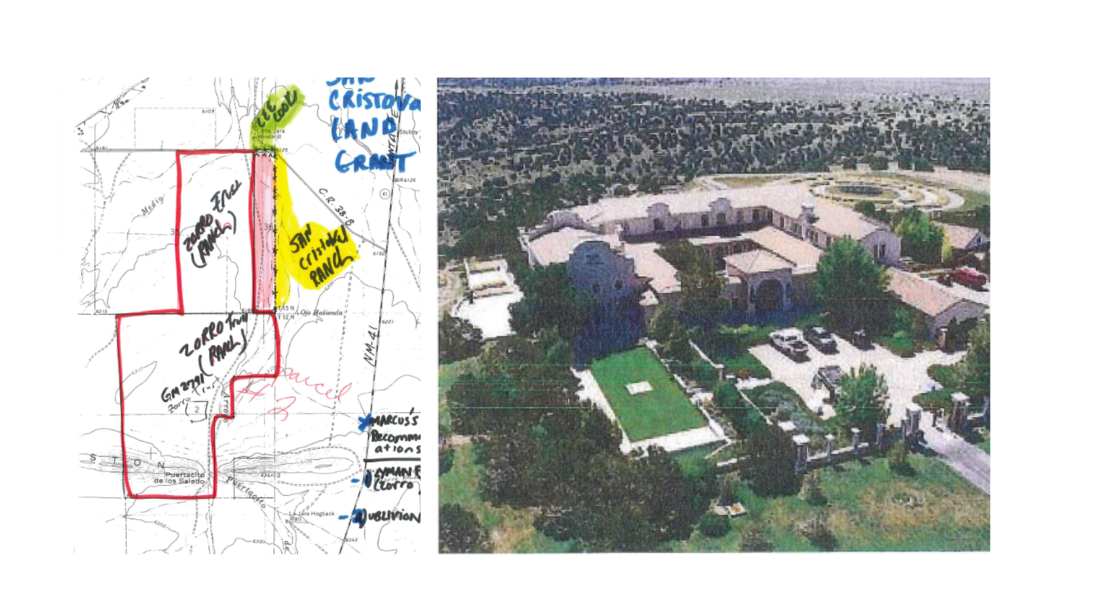 A sketched map highlights the boundaries of Epstein’s Zorro Ranch property next to a grainy aerial photo of the main residence and surrounding grounds.