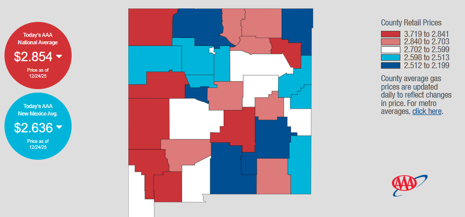 AAA map of New Mexico showing county-level average gas prices, with statewide regular unleaded averaging $2.636 per gallon as of Dec. 24, 2025.