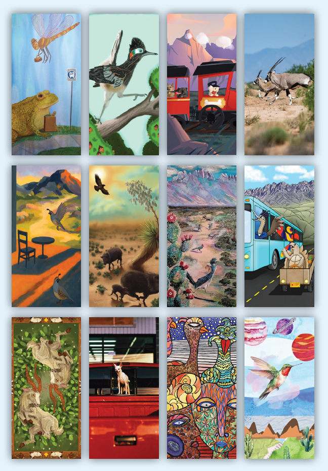 Grid of colorful artworks selected for the Art Stop 2026 program in Las Cruces, featuring desert wildlife, landscapes, and stylized scenes displayed on bus shelter posters.