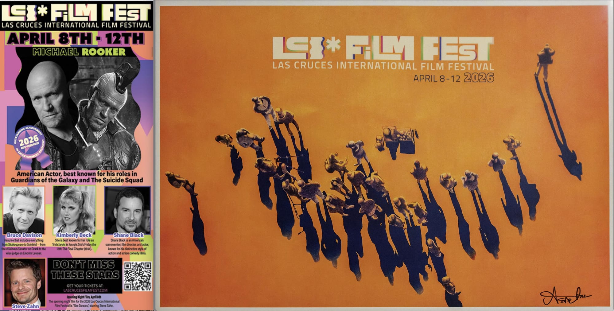 Promotional graphic for the Las Cruces International Film Festival, April 8–12, 2026, featuring celebrity guests and festival artwork.