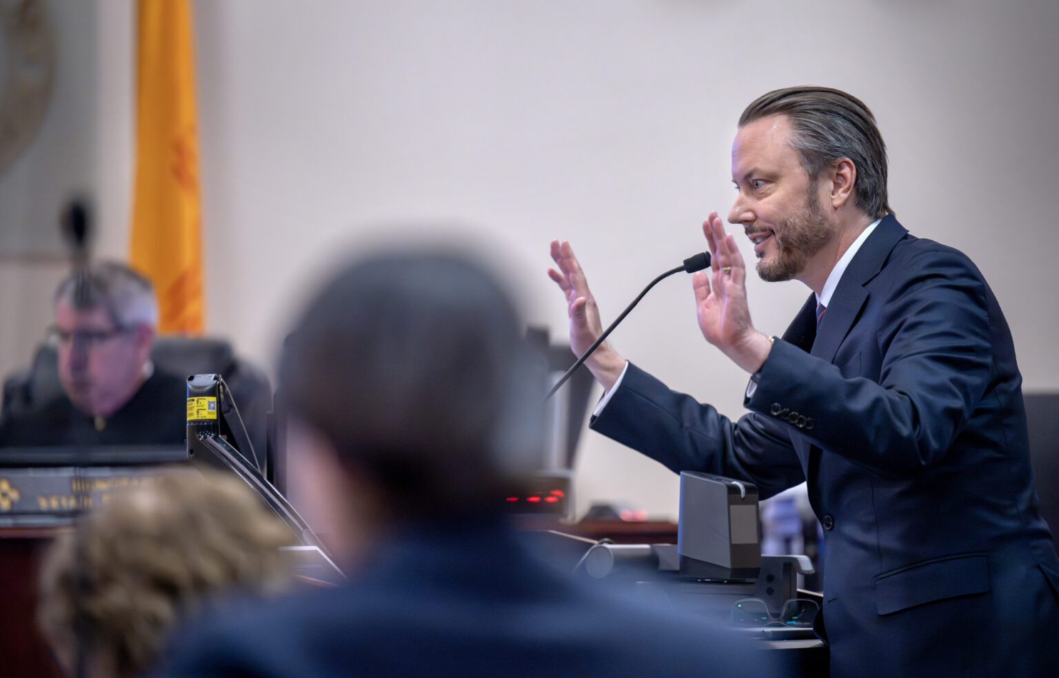 Attorney addresses a Santa Fe courtroom during proceedings in a case involving Meta and allegations of child exploitation