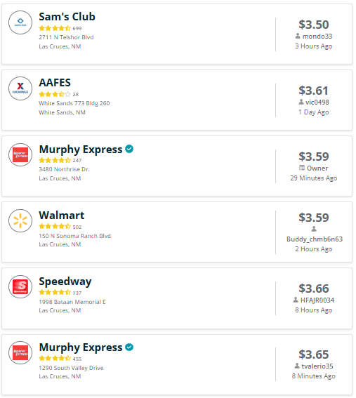 GasBuddy listings show several Las Cruces gas stations with prices ranging from about $3.50 to $3.66 per gallon, based on user-reported data.