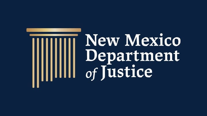 New Mexico Department of Justice logo with stylized gold column and text on a dark blue background.