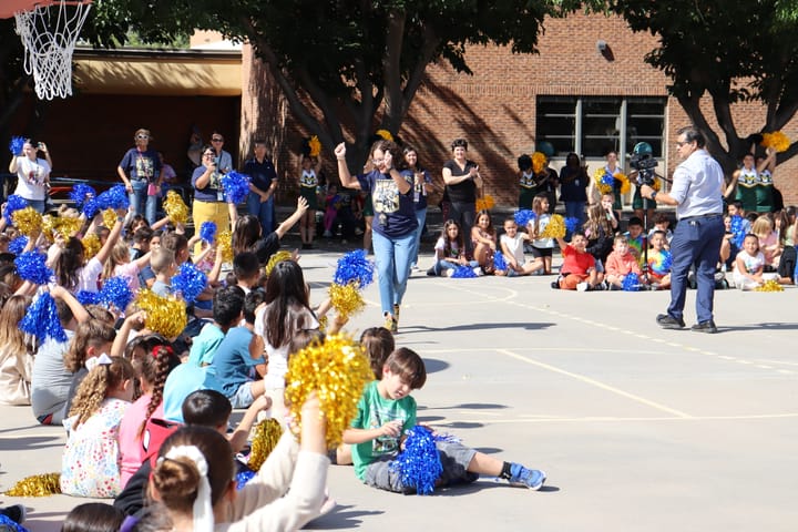 Students cheer with pom-poms during a surprise assembly at East Picacho Elementary in Las Cruces as teacher Nancy Orta is announced as the 2026 New Mexico Teacher of the Year.