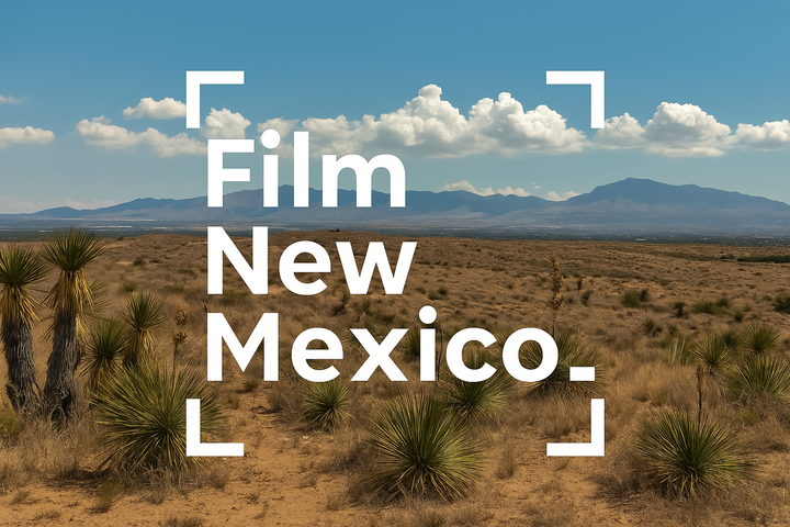 Landscape photo of a desert scene with yucca plants under a bright blue sky and white clouds, with the words “Film New Mexico” overlaid in bold white text.