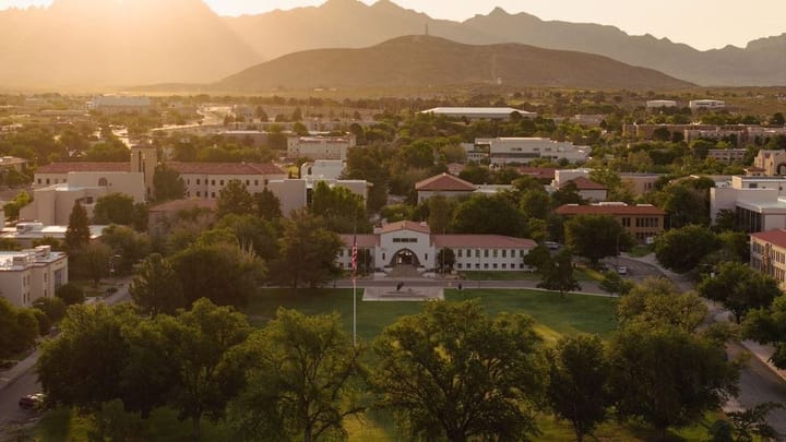 Aerial view of the New Mexico State University campus in Las Cruces, New Mexico.