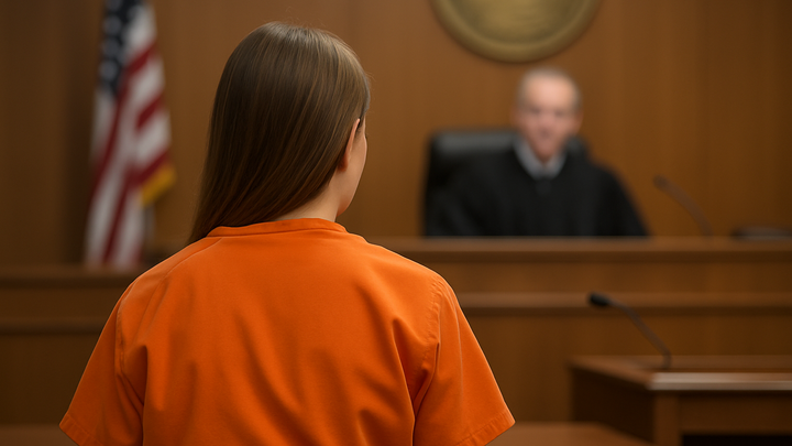A young female juvenile is shown from behind wearing an orange jail jumpsuit while seated in a courtroom, facing a judge’s bench during a court proceeding.