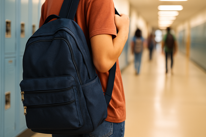 Unidentified student wearing a backpack walking down a school hallway with lockers and soft overhead lighting