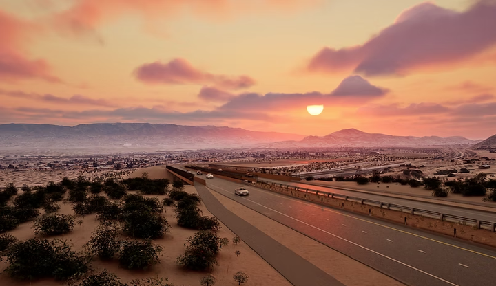 A rendering shows cars traveling along a planned highway connector at sunset, with desert vegetation in the foreground and mountains in the distance.