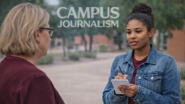 Journalism student interviews a woman on a college campus, taking notes during a face-to-face conversation as part of a campus reporting project.