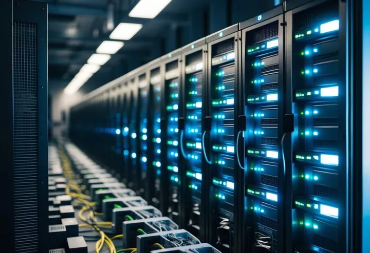 Rows of illuminated server racks in a data center, with glowing blue and green indicator lights and cables running along the floor.