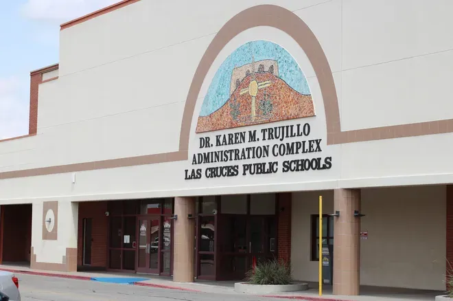 Front entrance of the Dr. Karen M. Trujillo Administration Complex, home to the central offices of Las Cruces Public Schools, in Las Cruces, New Mexico.