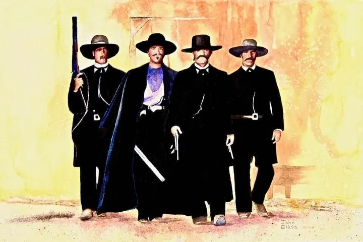 Watercolor of four men in Old West attire, three holding pistols and one with a rifle.