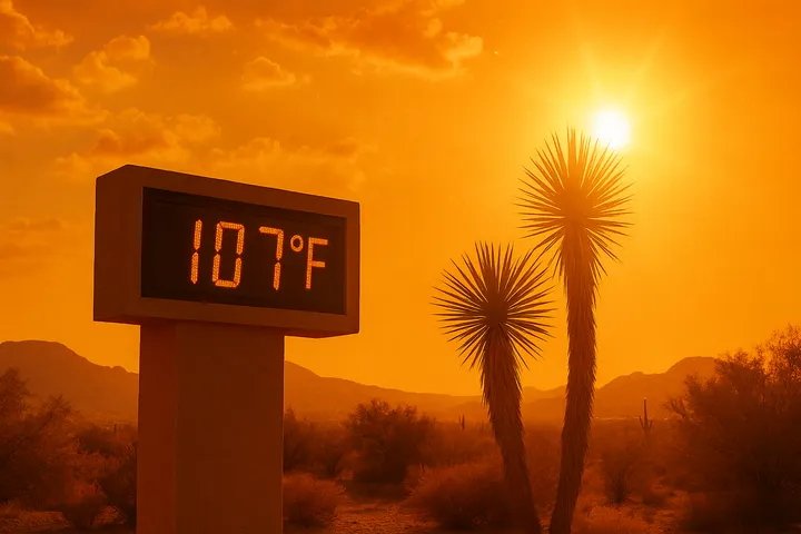 Desert landscape in New Mexico during a heatwave, with yucca plants in the foreground and a digital thermometer reading 107°F.