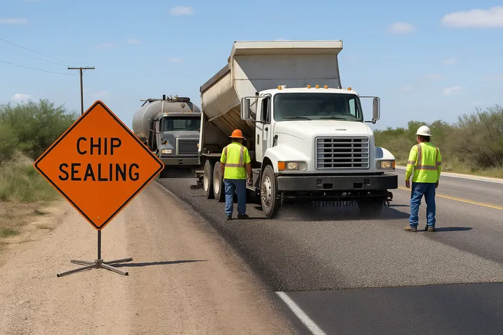 Road crew workers stand near trucks applying chip seal to a rural road, with an orange “Chip Sealing” warning sign in the foreground.