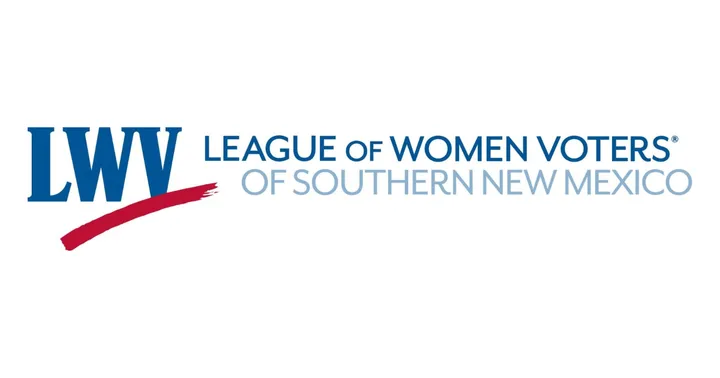Logo of the League of Women Voters of Southern New Mexico, featuring the blue “LWV” initials with a red underline swoosh and the organization’s full name in blue text