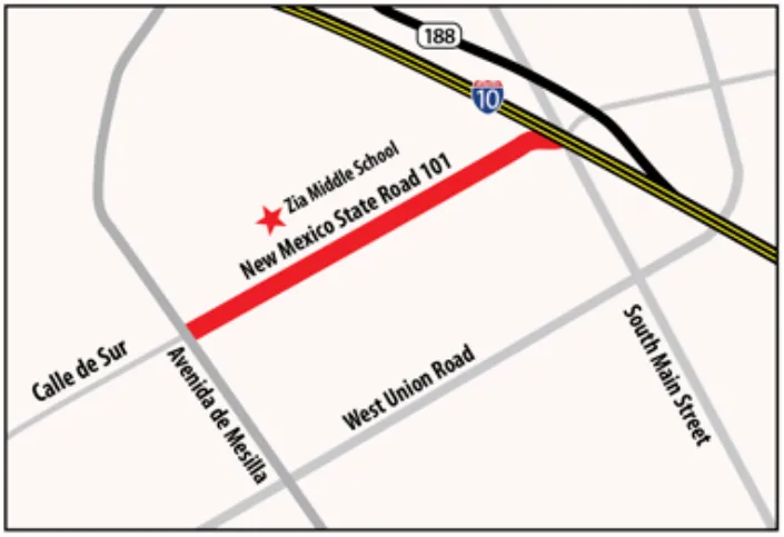 Map showing the section of University Avenue (New Mexico State Road 101) that will be widened between Avenida de Mesilla and South Main Street in Las Cruces.