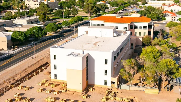 Aerial view of a building.