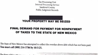 Example of fake mail notice threatening property seizure for unpaid taxes and listing a fraudulent 800 number.