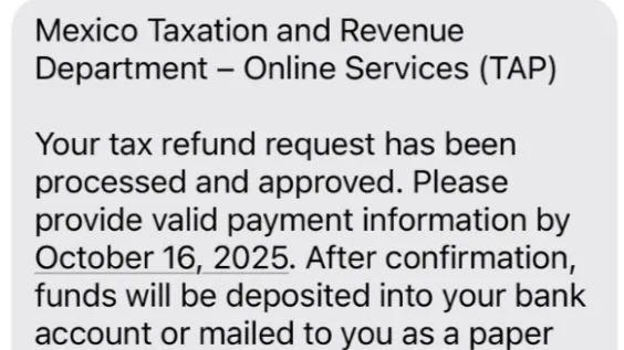 Screenshot of a fake text message claiming to be from the New Mexico Taxation and Revenue Department, asking for payment information and linking to a fraudulent website.