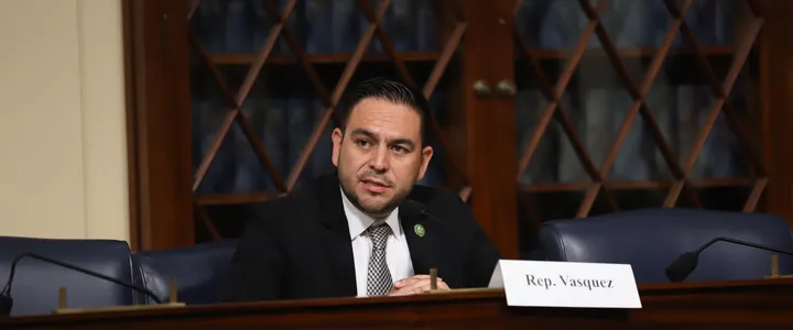U.S. Rep. Gabe Vasquez speaks during a congressional committee meeting in Washington, seated behind a nameplate reading “Rep. Vasquez.”