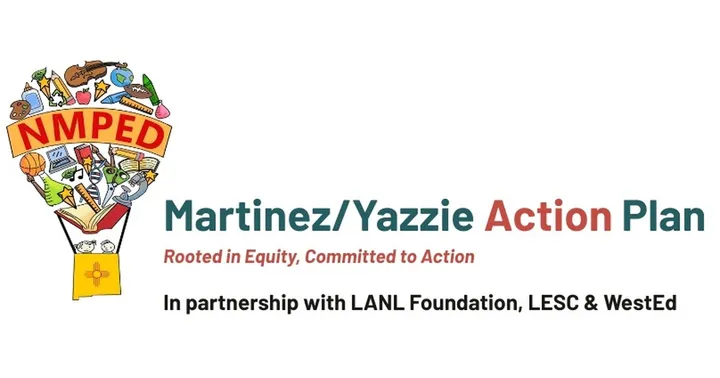 The Martinez/Yazzie Action Plan logo shows a lightbulb with colorful education icons beside text reading “Rooted in Equity, Committed to Action.”