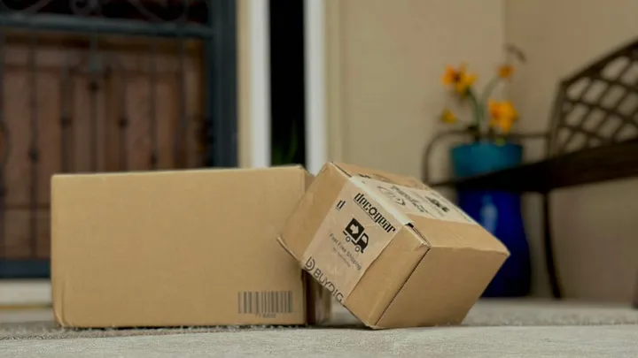 Two cardboard packages sit on a front doorstep, one upright and one tipped on its side, with a residential entryway and potted flowers blurred in the background.