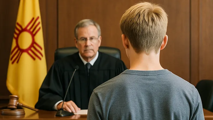 A blond juvenile boy stands with his back to the camera in a New Mexico courtroom, facing a seated judge beneath the state flag.