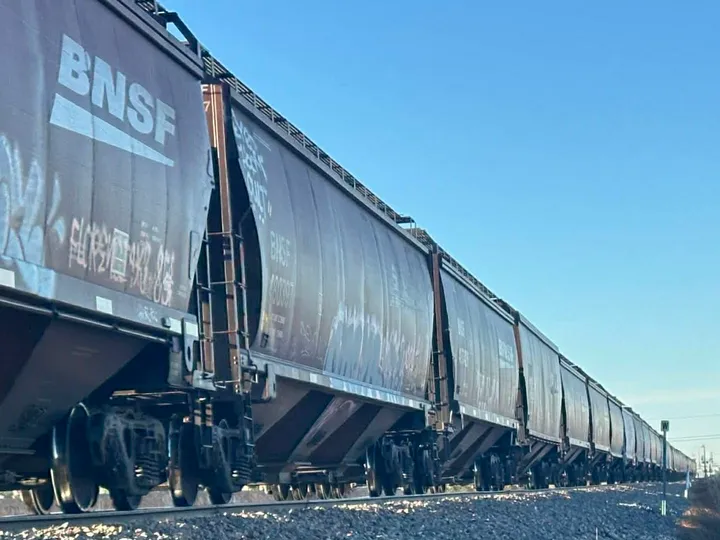 A long northbound BNSF freight train sits on the tracks on a clear day, with rail cars stretching into the distance.