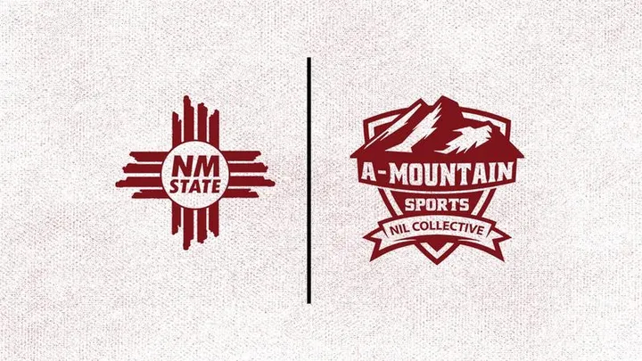 Side-by-side logos of New Mexico State University and the A-Mountain Sports NIL Collective on a light background.