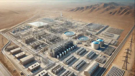 A large industrial complex sits in the desert, with tanks, pipelines and power infrastructure spread across the site. Mountains rise in the distance under a hazy sky.