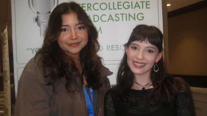NMSU students Rubi Reyes, left, and Naomi Tercero pose at the IBS conference, where Tercero won Best Social Media Director and Reyes was a finalist for Best Public Affairs Program.