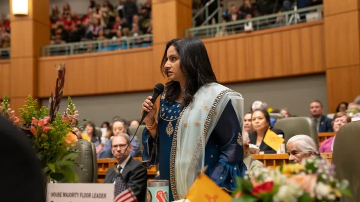 New Mexico Rep. Reena Szczepanski speaks on the House floor at the Roundhouse while holding a microphone during a legislative session.