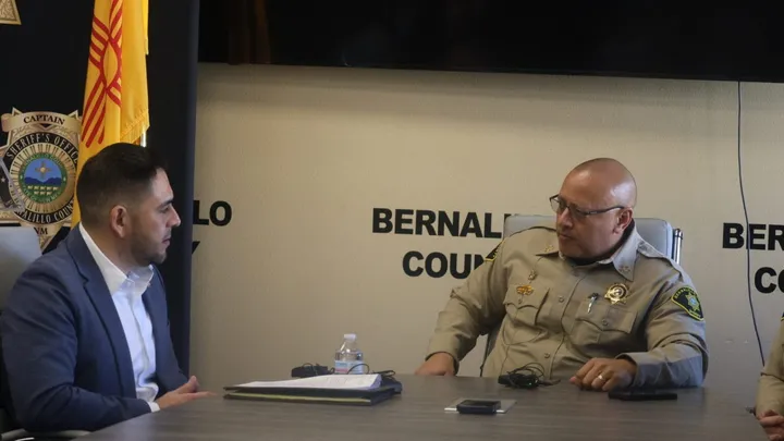 U.S. Rep. Gabe Vasquez speaks with Bernalillo County Sheriff John Allen during a Feb. 20, 2026 news conference at the sheriff’s office in Albuquerque about drone use in local law enforcement.