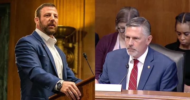 U.S. Sens. Markwayne Mullin, left, and Martin Heinrich appear in official settings in Washington, with Mullin speaking at a podium and Heinrich seated at a committee hearing table.