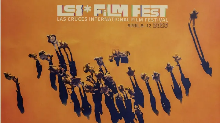 Promotional image for the Las Cruces International Film Festival showing a film crew casting long shadows, with dates April 8–12, 2026 displayed.