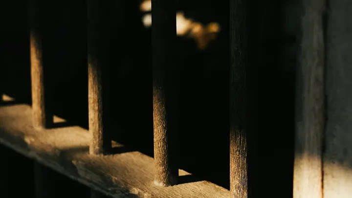 Close-up of detention center bars with sunlight casting shadows, representing facilities linked to measles cases in southern New Mexico.