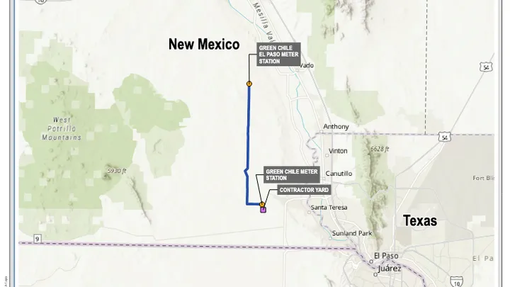 Map showing proposed Green Chile pipeline route near Las Cruces and Santa Teresa, connecting meter stations in southern New Mexico